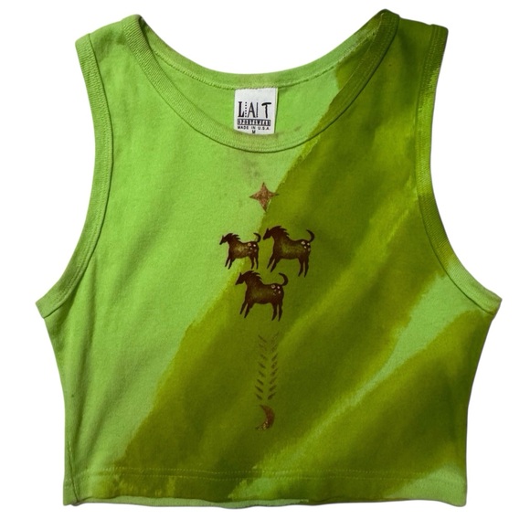 Vintage Tops - Vintage Y2K Medium Green Boho Rodeo Festival Hand Painted Horses Crop Tank Top